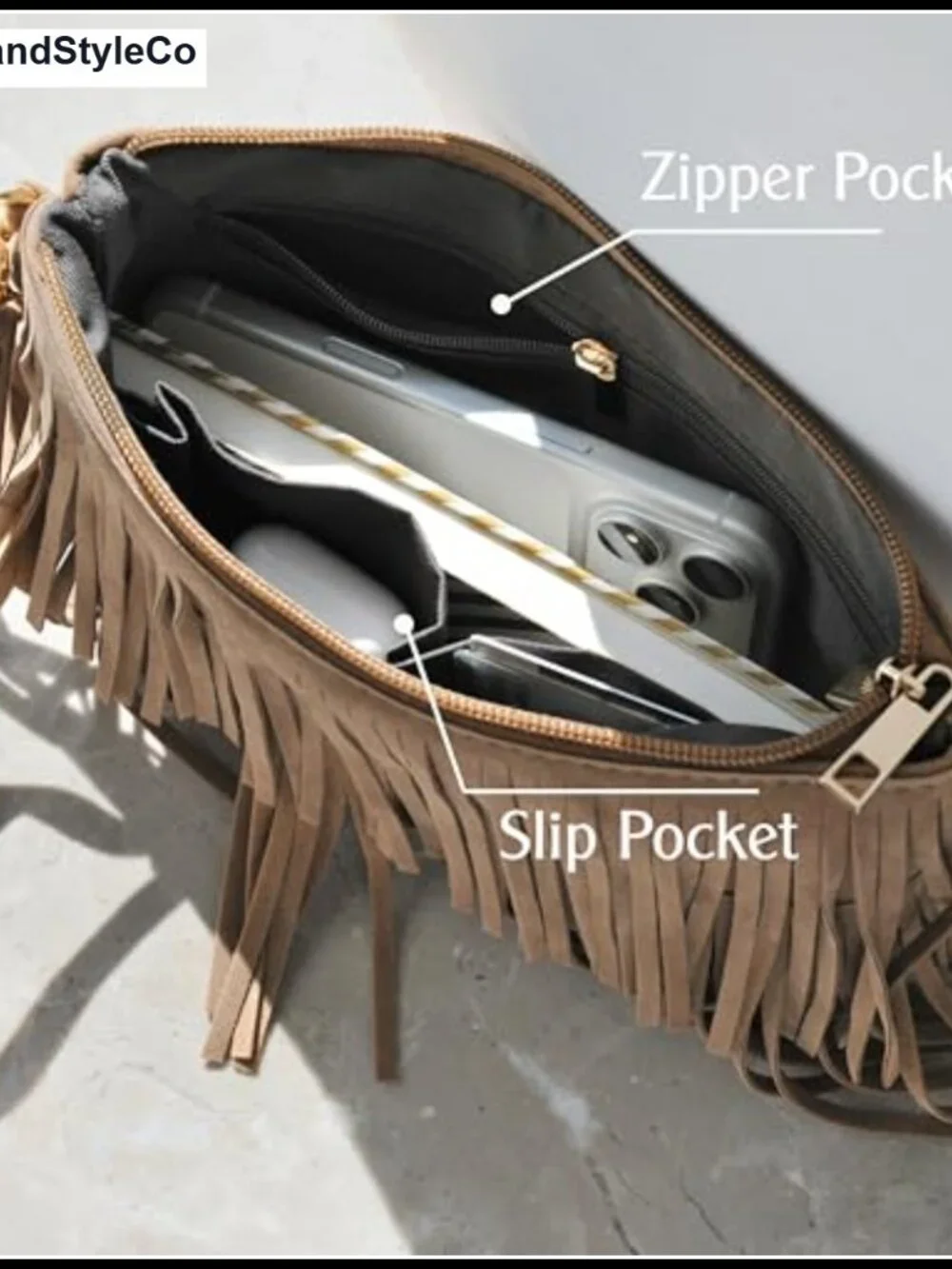 Faux Suede Leather Fringe Crossbody Bag with Wristlet - Small Shoulder Bag